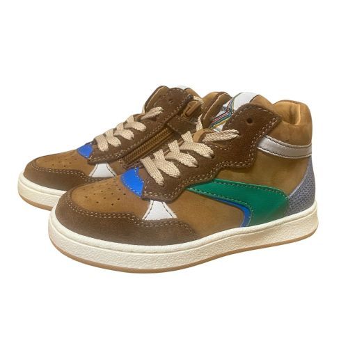 Romagnoli Cognac Hoge Sneaker met Groene en Blauwe Accenten | Kinderschoenen Maluma