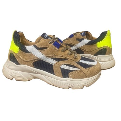 Romagnoli sneaker camel navy met fluogele accenten | Maluma