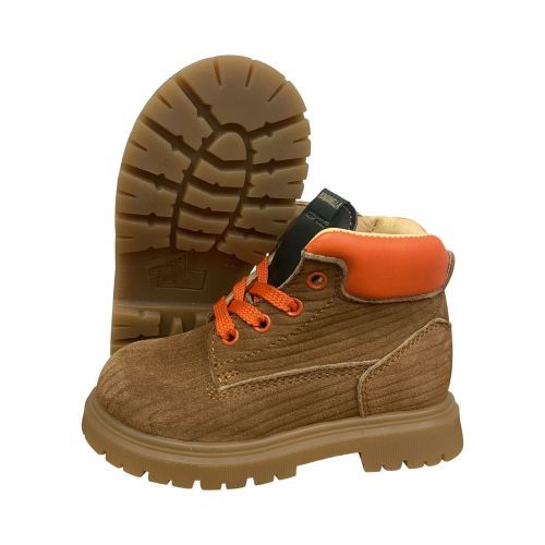 Cognac-roest nubuck bottine van Rondinella met oranje details. Stevig unisex model met fijne pasvorm. Nu bij Maluma Kinderschoenen.